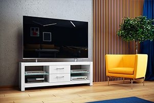 stolik rtv na telewizor Andora biały połysk z podświetalnymi szklanymi półkam